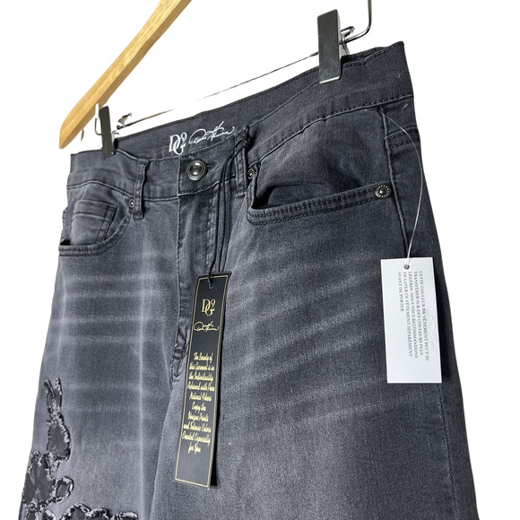 DG2 by Diane Gilman Wide Leg Crop Jeans Embroidered Frayed Hem Washed Black - Picture 4 of 11